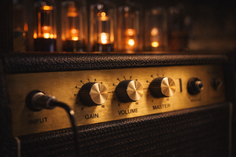 Close-up of a tube amp controls showing gain, volume and master knobs