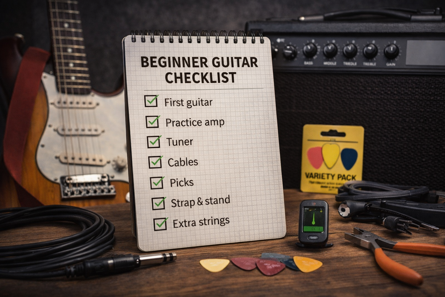 Beginner guitar checklist with an electric guitar, practice amp, tuner, cables, picks, and spare strings on a dark desk