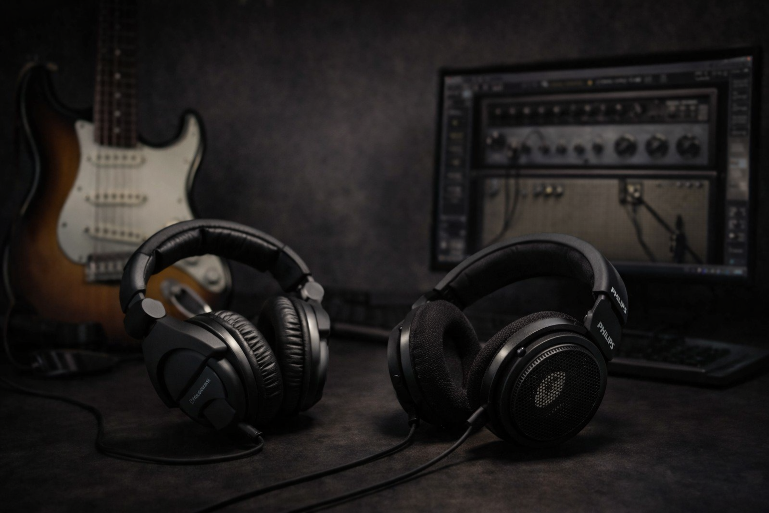 Best budget headphones for guitar practice on a dark desk with an electric guitar in the background