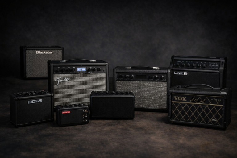 Practice amps under $200 lined up on a dark background for apartment players