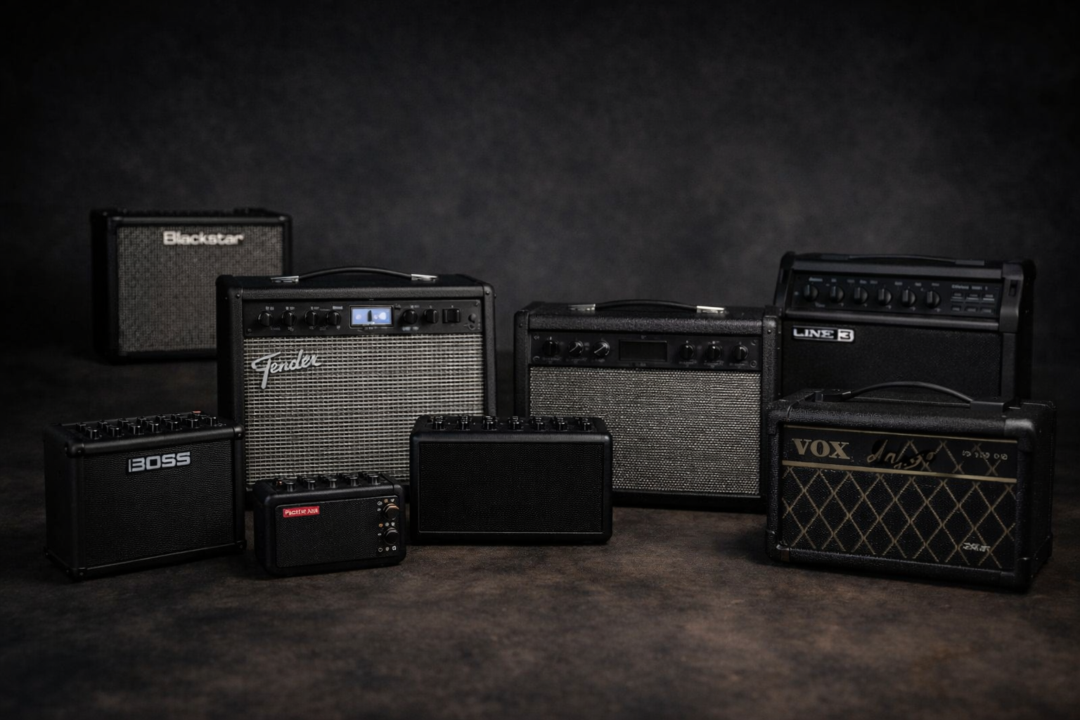 Practice amps under $200 lined up on a dark background for apartment players