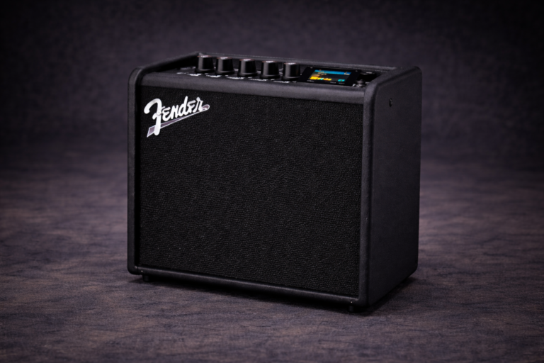 Three-quarter view of a Fender Mustang LT25 guitar amplifier on a dark textured surface with a subtle studio background