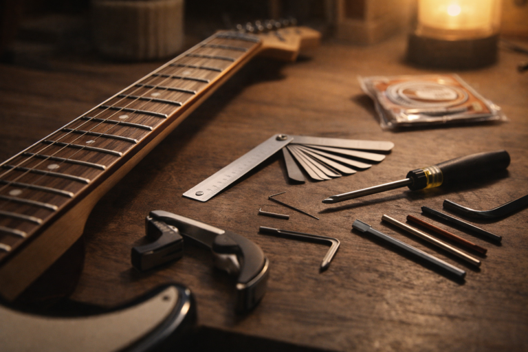 Electric guitar fretboard on a workbench with setup tools for fixing guitar buzz