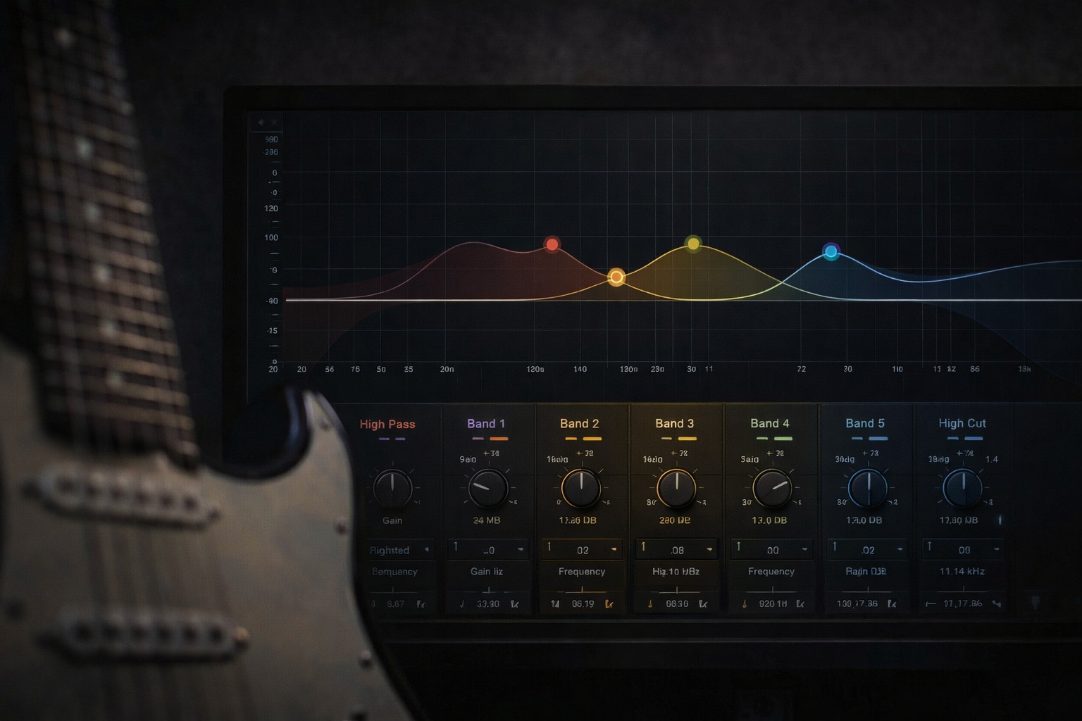 Guitar EQ guide EQ curve on a DAW screen with an electric guitar in the foreground