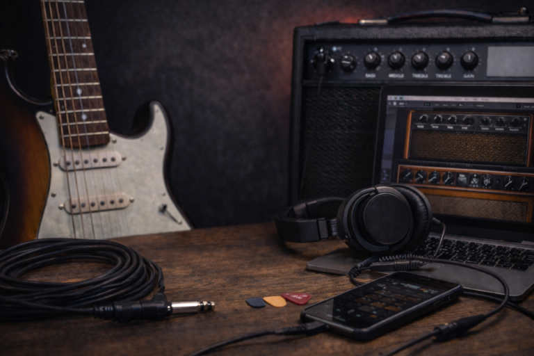 Home guitar practice setup with electric guitar, small amp, headphones, laptop amp sim and smartphone on a dark desk