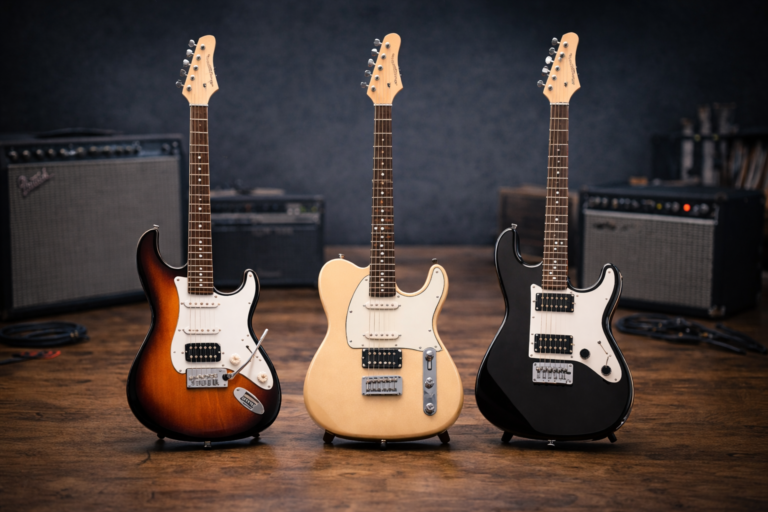 Three beginner-friendly electric guitars with different pickup and bridge types, shown full-length in a studio practice setting