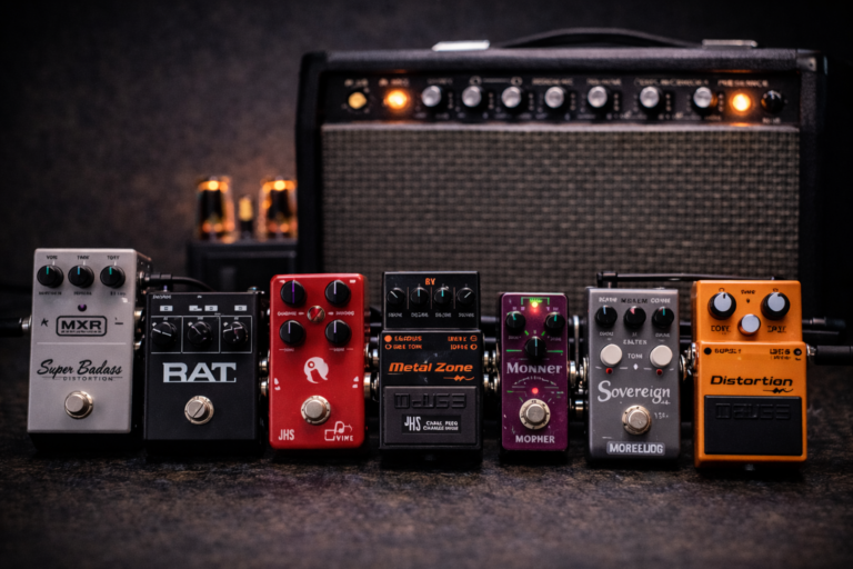 Best distortion pedal for guitar comparison with seven distortion pedals lined up in front of a small tube amp
