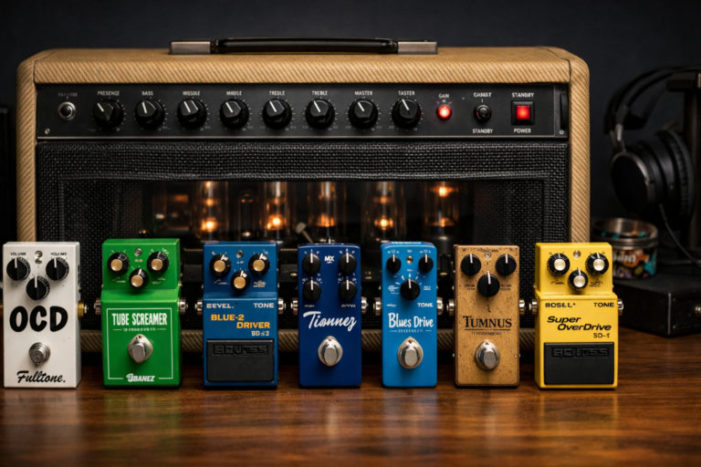 Best overdrive pedal: tube amp on desk with 7 overdrive pedals