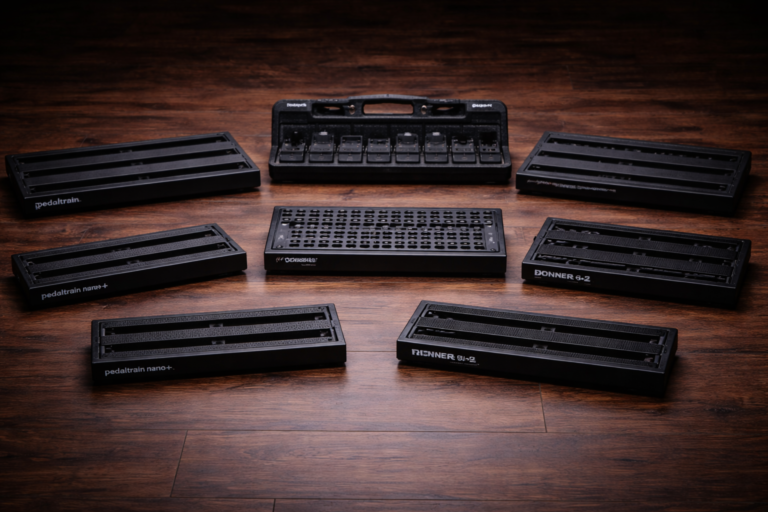 best pedalboard for guitar hero image: seven empty pedalboards in a dark studio setup
