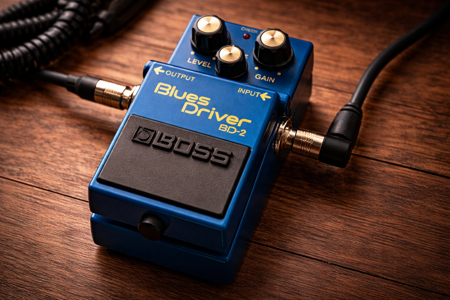 Boss BD-2 review: close-up of the Blues Driver overdrive pedal on a clean dark background