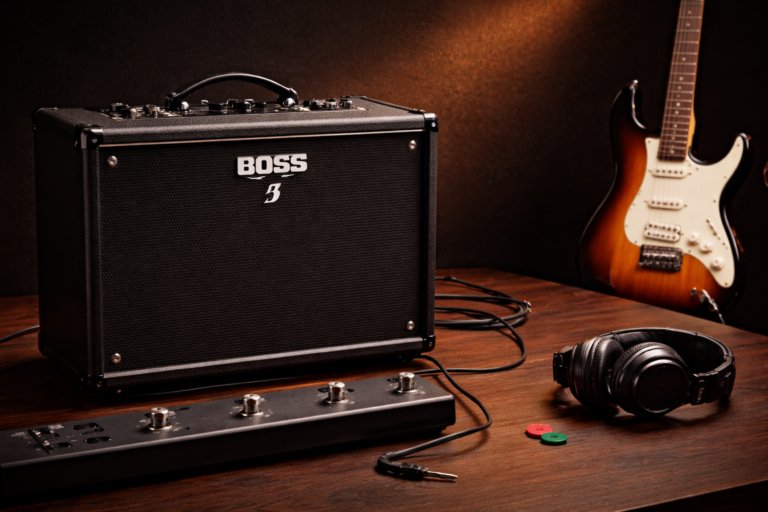 boss katana 50 review hero image: Boss Katana 50 amp on a studio desk with guitar, cable, and footswitch