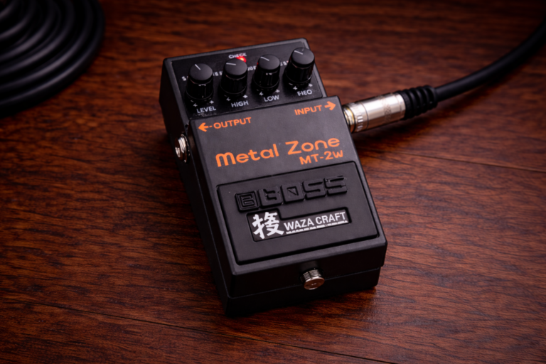 boss mt 2 metal zone: slightly wider close-up of a Boss MT-2W Metal Zone pedal on a wooden desk