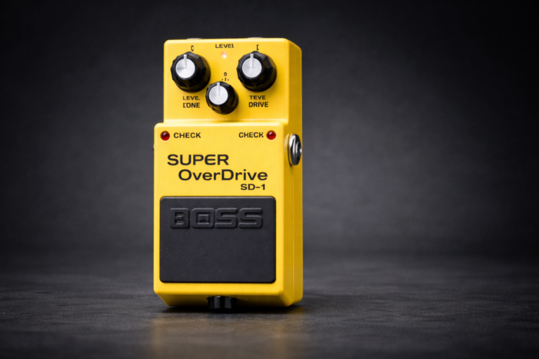 boss sd 1 close-up on a clean dark background with Level, Tone, Drive knobs and footswitch in focus