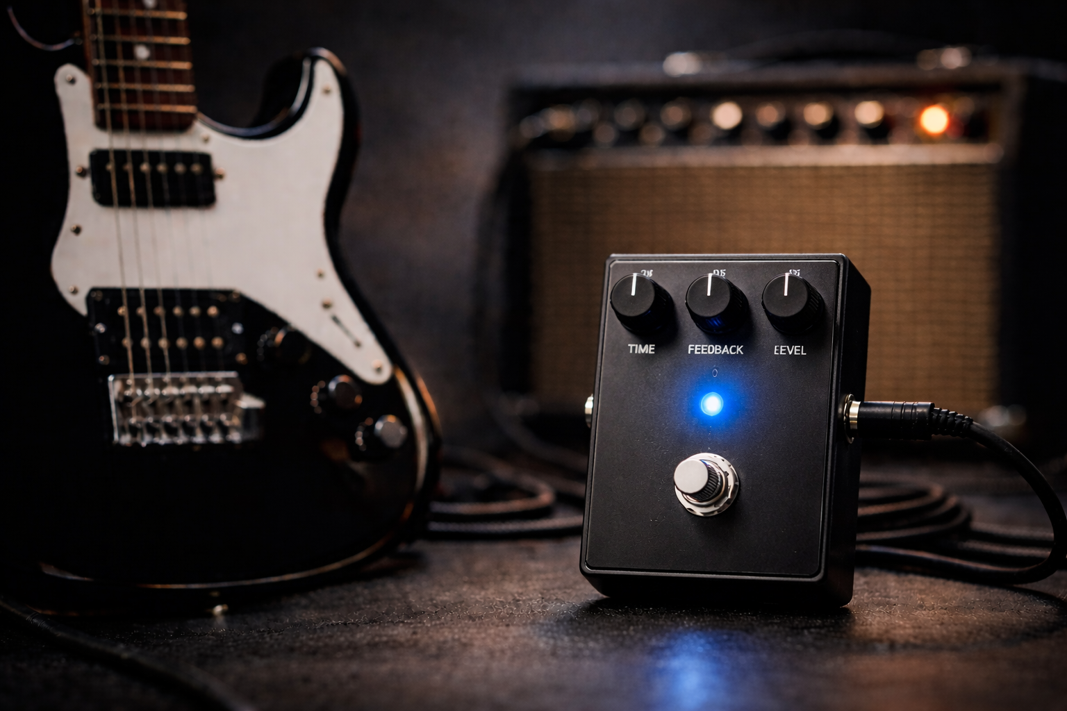 Black delay pedal in focus with electric guitar and amp softly blurred in the background
