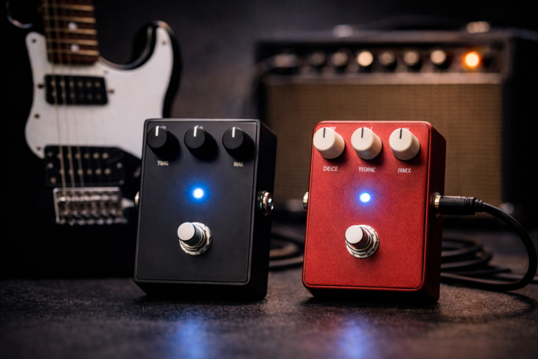 Delay and reverb pedals side by side with electric guitar and amp softly blurred in the background