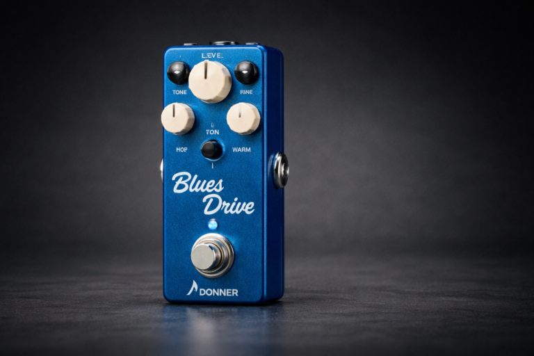 donner blues drive close-up on a clean dark background with knobs and footswitch in focus