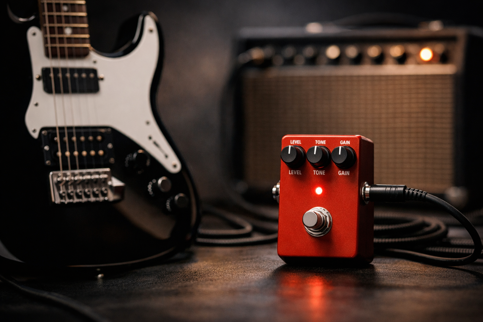 Electric guitar and distortion pedal setup with amplifier in the background