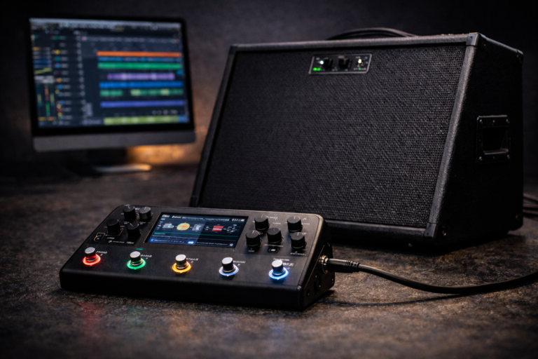 FRFR guitar cabinet with amp modeler in front and DAW displayed on a studio monitor in the background