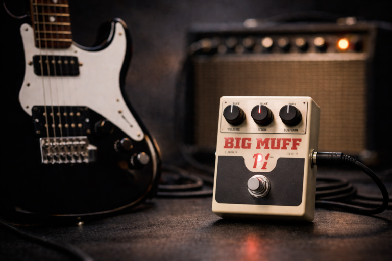 Big Muff-style fuzz pedal with electric guitar and amp in the background