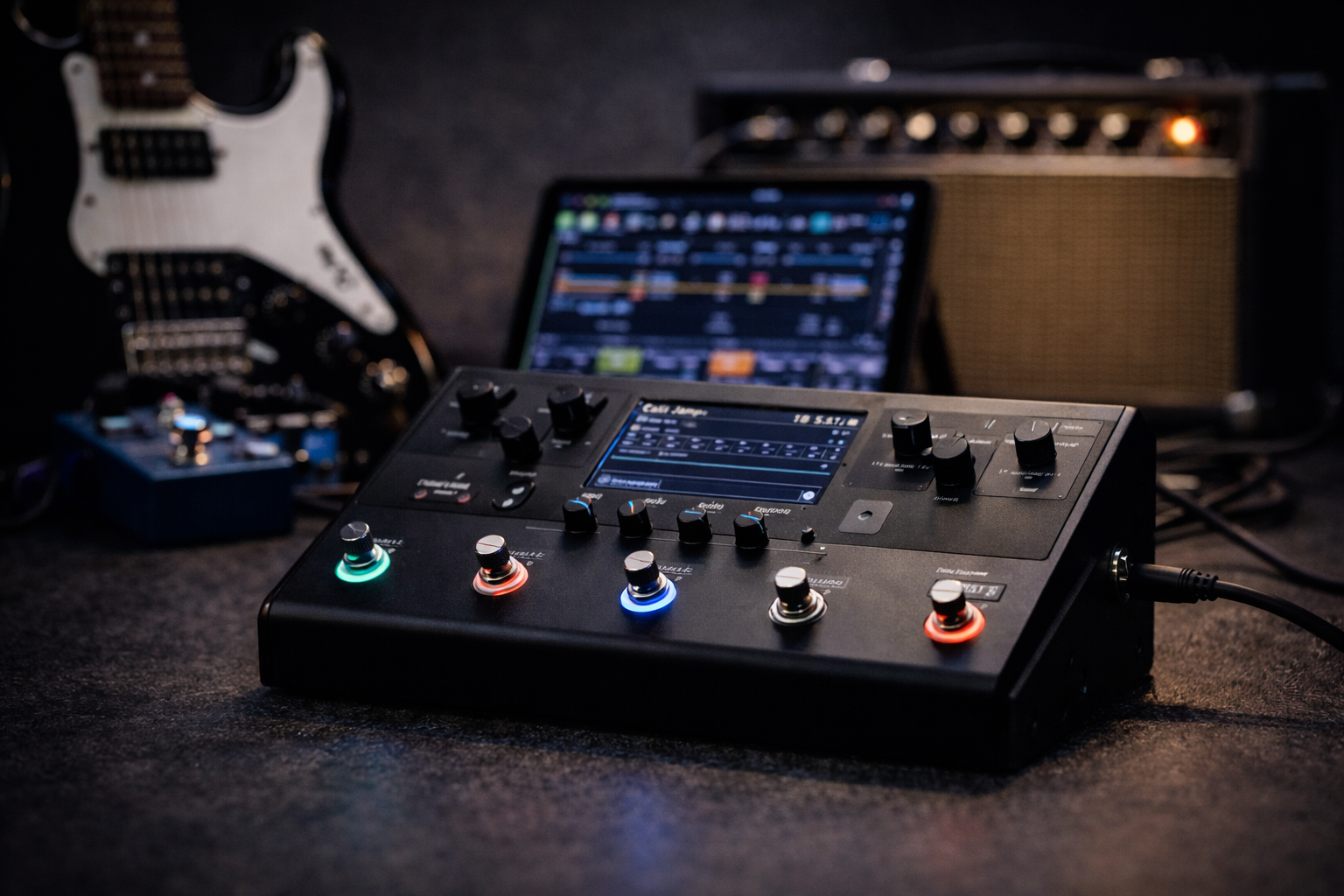 Guitar amp modeler unit on a desk with electric guitar and amp softly blurred in the background