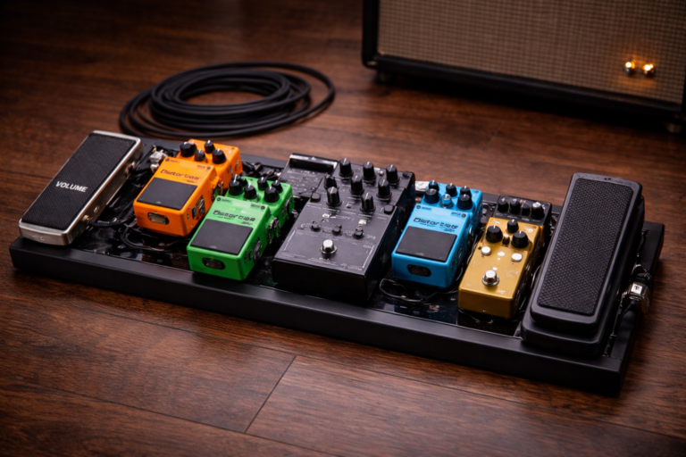 guitar pedalboard hero image: clean pedalboard setup on a wooden floor with amp in the background