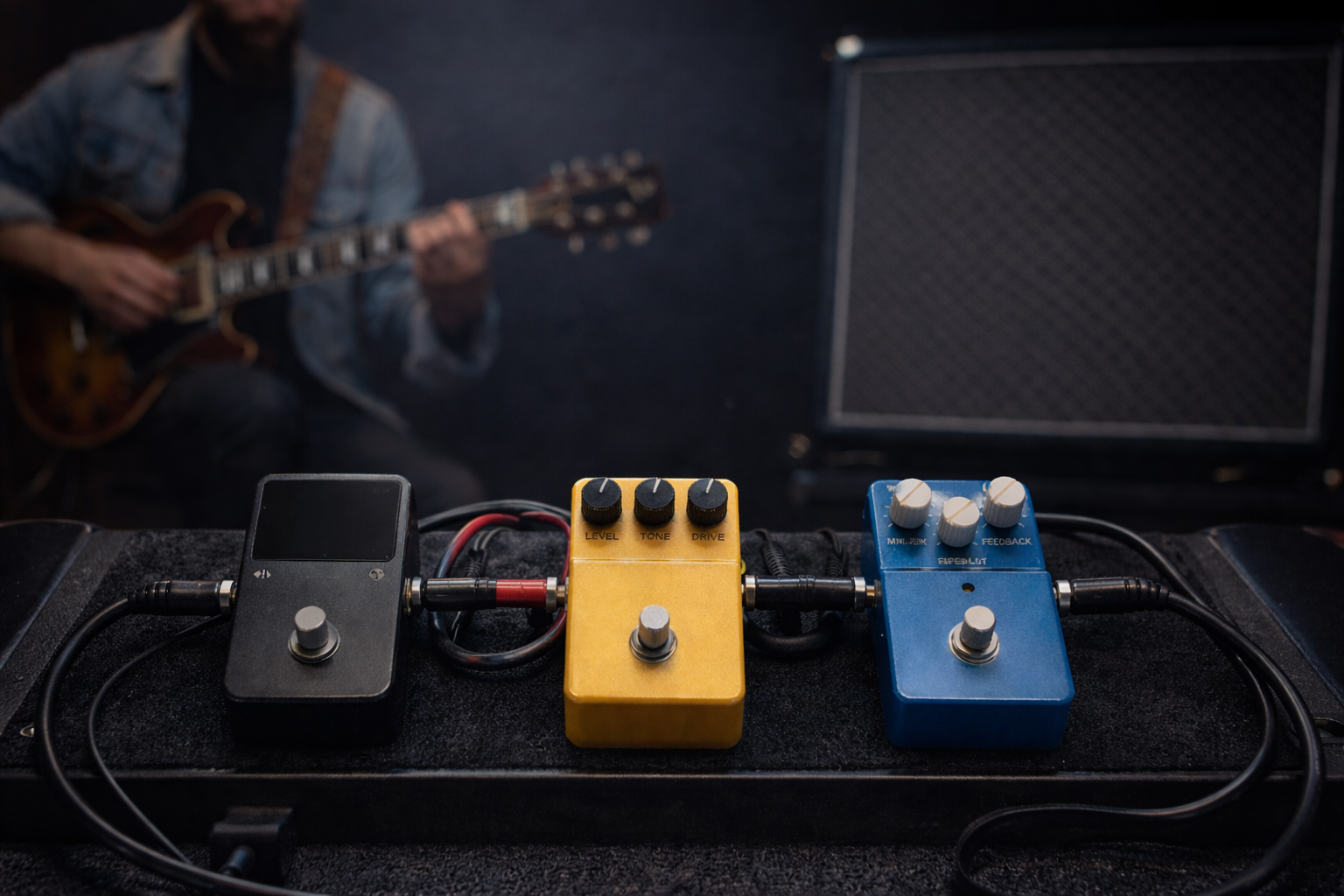 Three beginner-friendly guitar pedals on a small pedalboard (tuner, overdrive and delay)