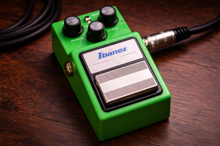 ibanez ts9 review: close-up of an Ibanez Tube Screamer TS9 overdrive pedal on a wooden desk