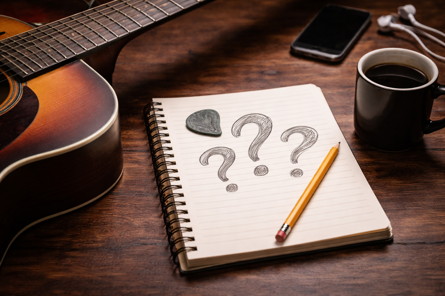 is guitar hard to learn hero image: acoustic guitar beside a notebook with question marks on a desk