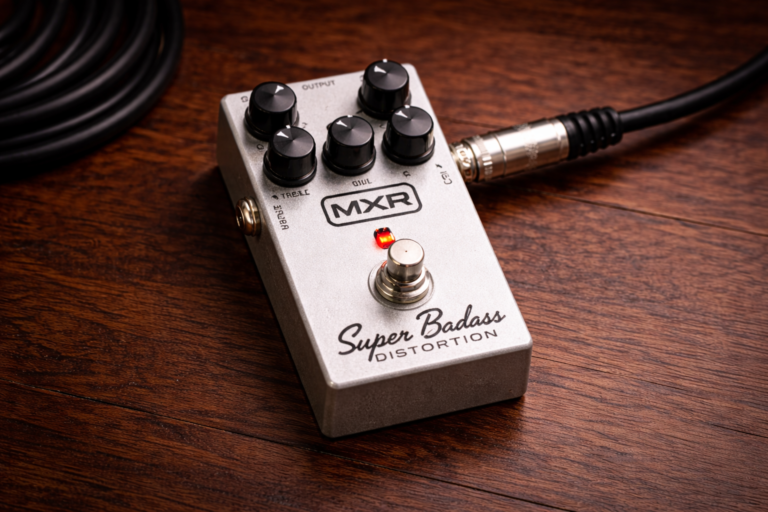 mxr super badass: close-up of the MXR Super Badass Distortion pedal on a wooden desk