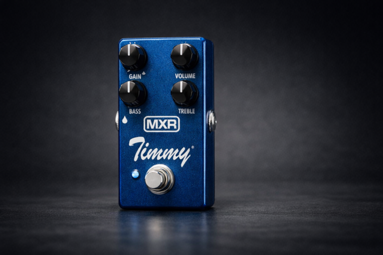mxr timmy overdrive pedal close-up on a clean dark background with knobs and footswitch in focus