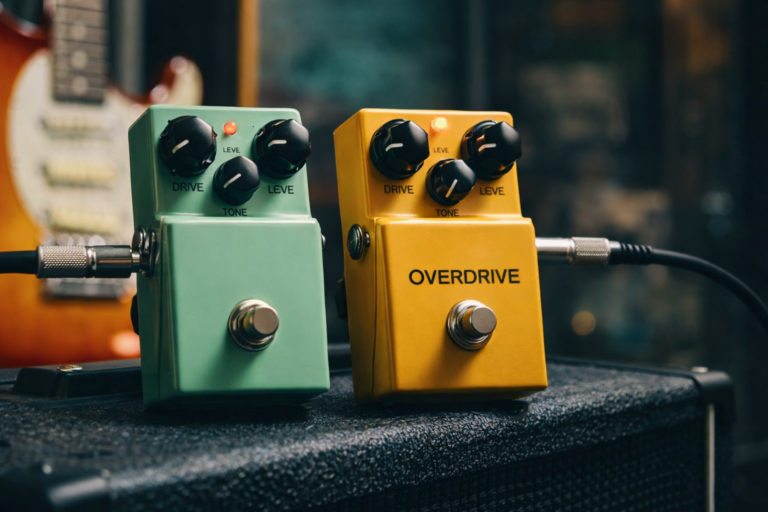 Overdrive guitar pedals showing clean, crunch, and lead tone settings on a home amp