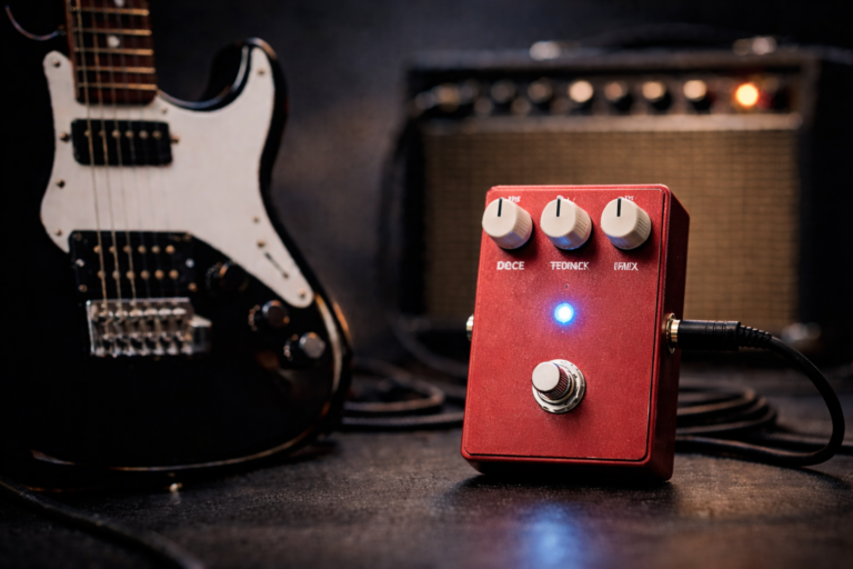 Red reverb pedal in focus with electric guitar and amp softly blurred in the background