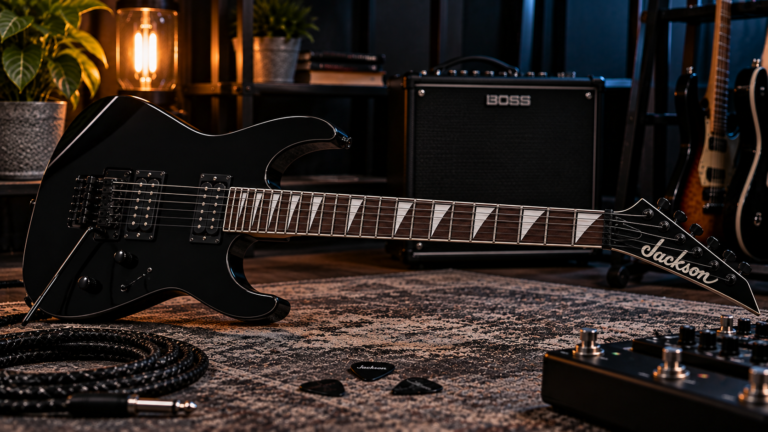 Jackson JS11 Review image showing the black electric guitar in a dark home-studio setup.