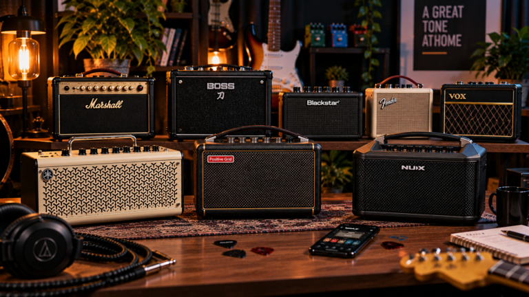 Best desktop guitar amps arranged in a modern home-studio setup for practice and recording.