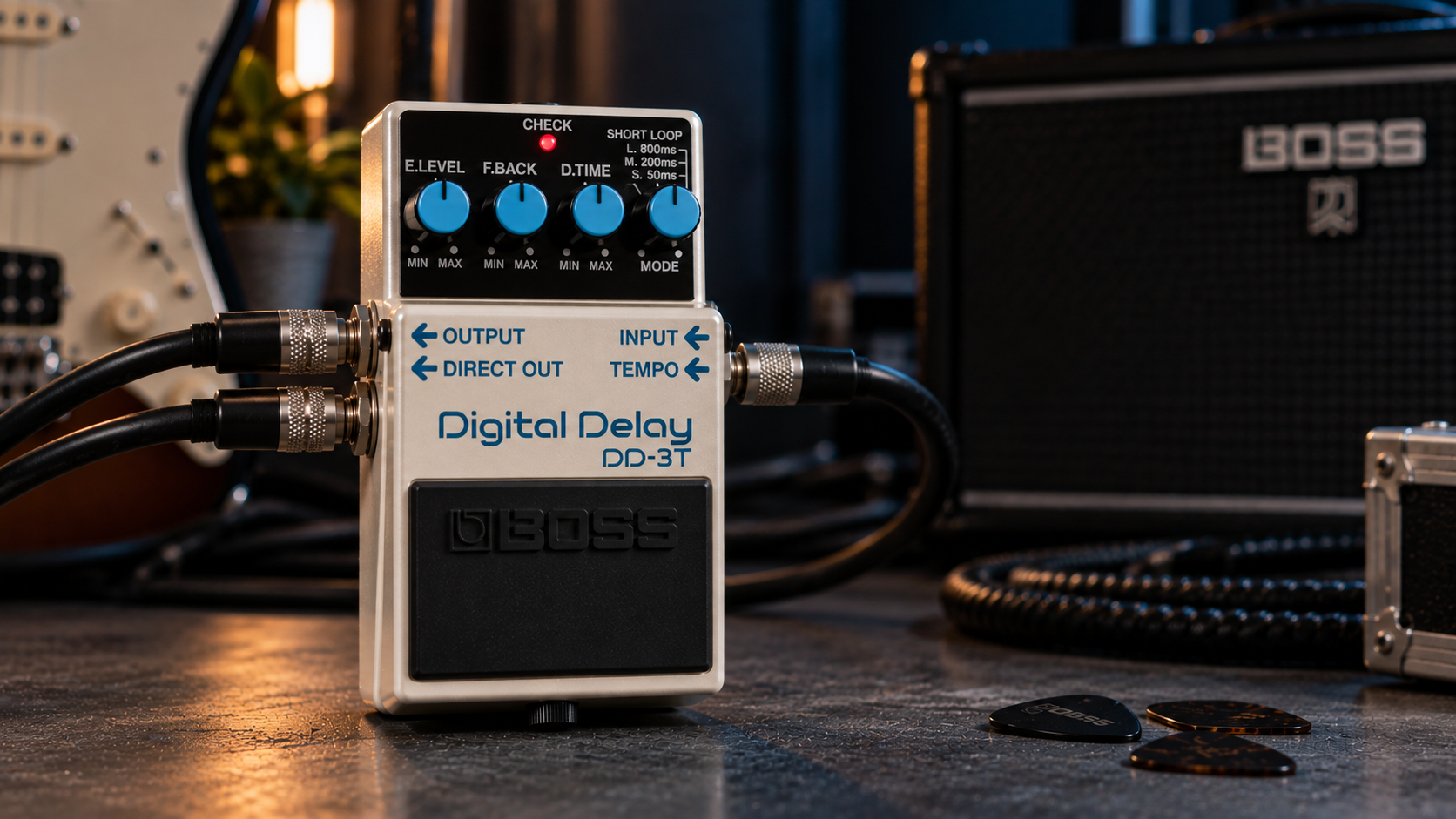 Boss DD-3T review image showing the compact digital delay pedal in a dark studio setup.