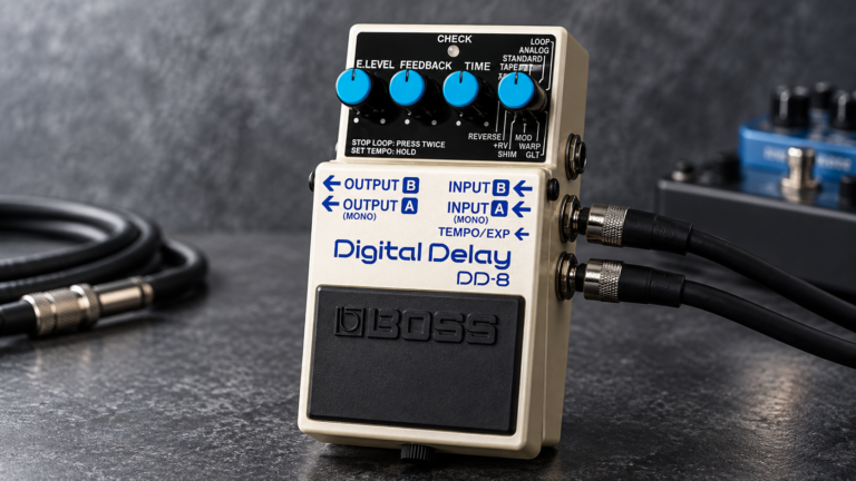 Boss DD-8 review image showing the compact digital delay pedal in a clean studio setup.