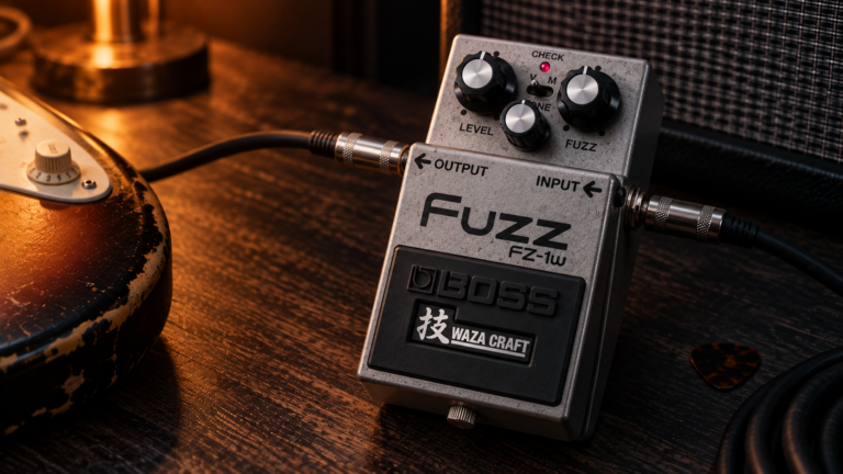 Boss FZ-1W review featured image showing the Waza Craft fuzz pedal in a dark studio setup.