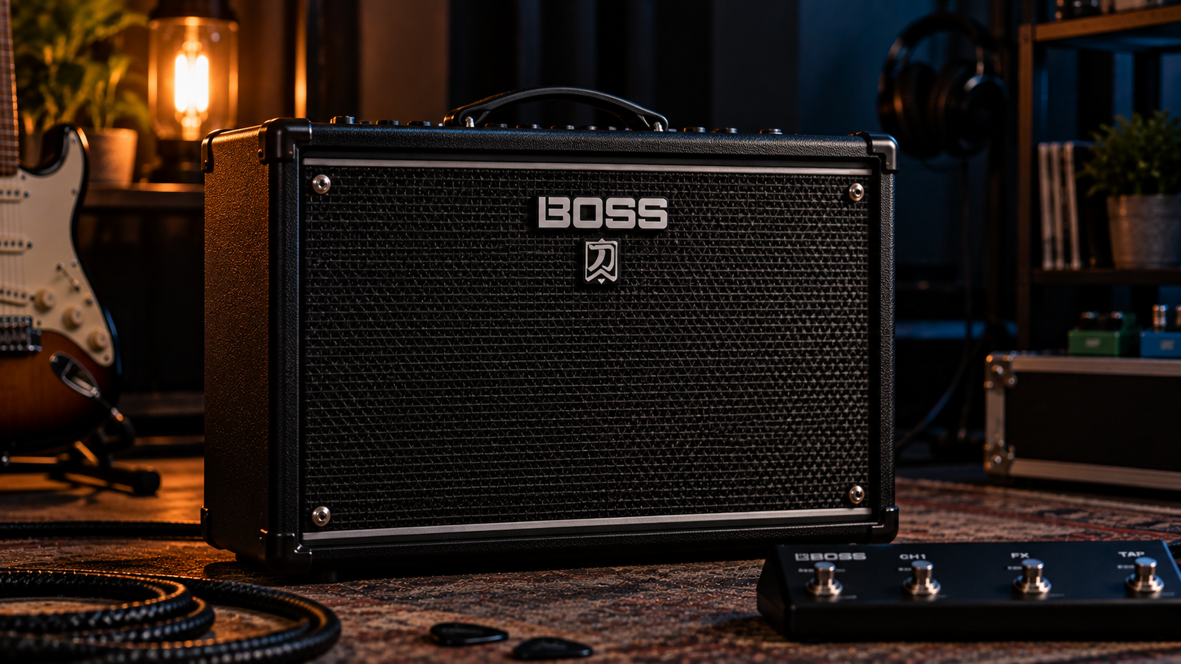 Boss Katana 50 Gen 3 review image showing the compact combo amp in a dark home-studio setup.