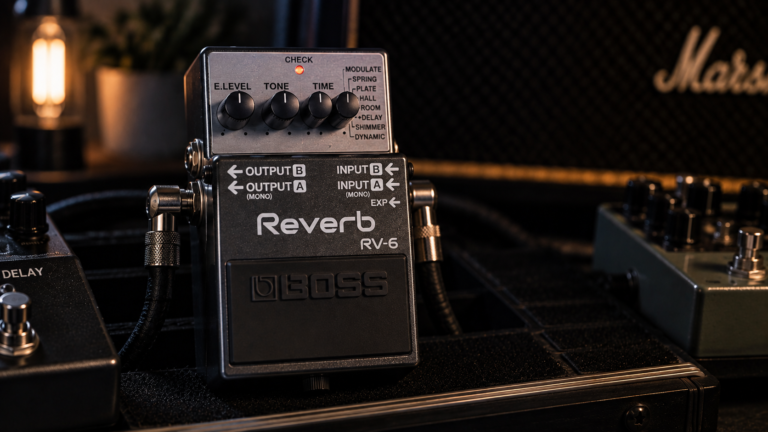 Boss RV-6 review image showing the compact reverb pedal in a dark studio rig.