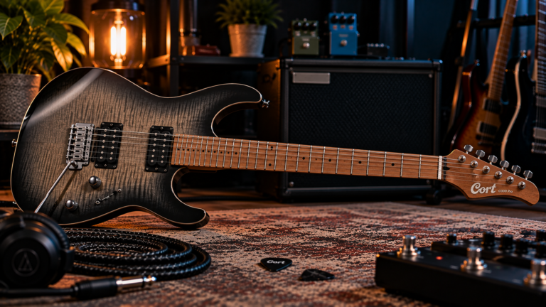 Cort G300 Pro Review image showing the modern dual-humbucker electric guitar in a dark studio setup.