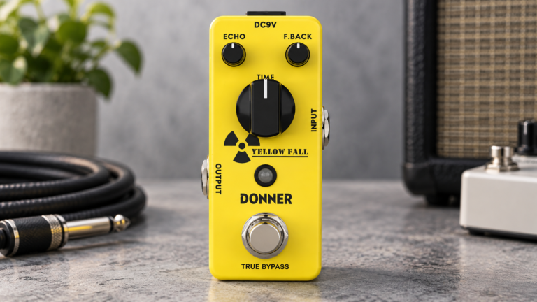 Donner Yellow Fall review image showing the yellow mini delay pedal in a clean studio setup.