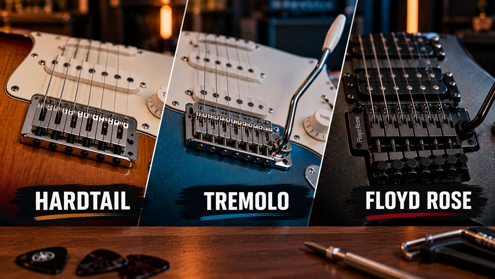 Electric guitar bridge types showing hardtail, tremolo, and Floyd Rose systems side by side.