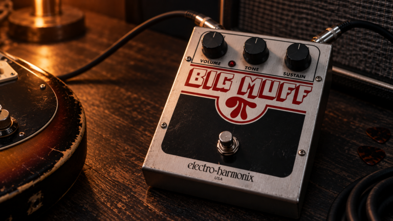 Big Muff Pi review hero image showing the Electro-Harmonix fuzz pedal in a guitar rig
