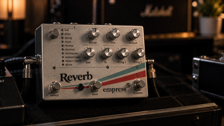 Empress Reverb review image showing the silver multi-mode pedal in a dark studio rig.