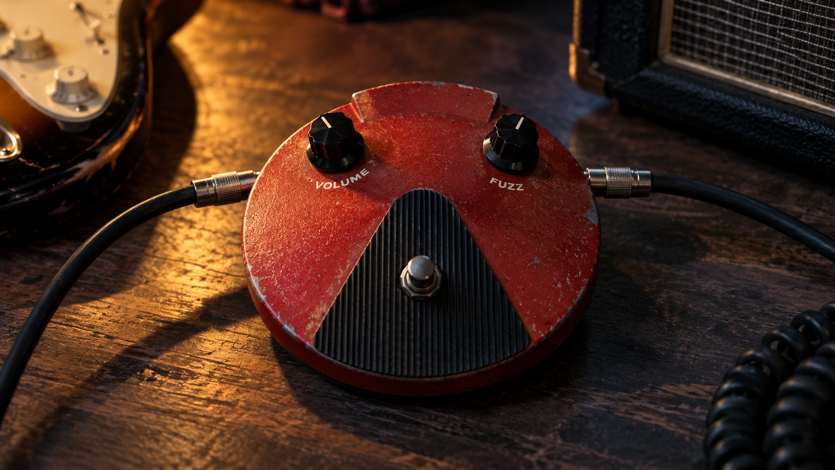 Red Fuzz Face pedal connected to a guitar and amp in a dark studio setup.