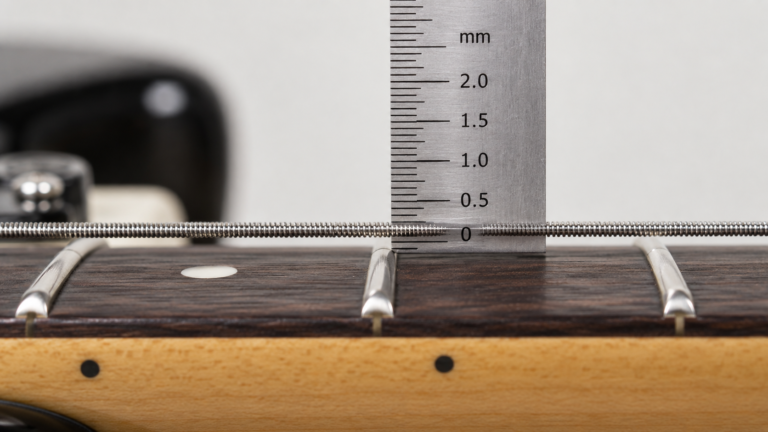 Close-up of a guitar action gauge measuring string height on an electric guitar neck