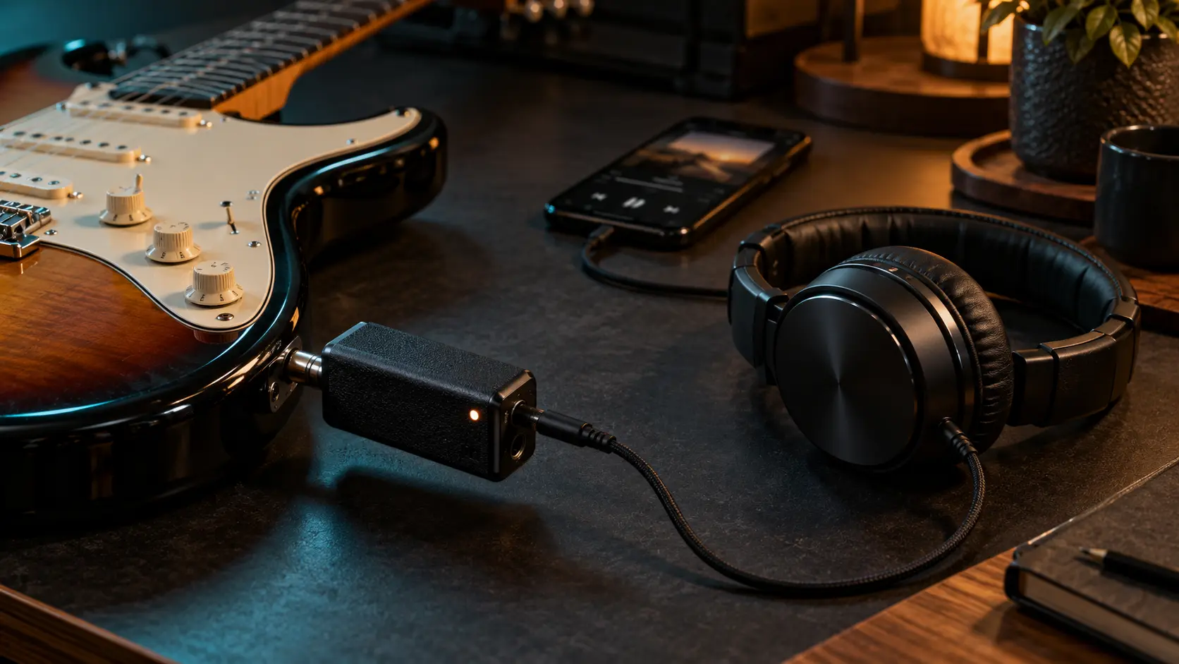 Guitar headphone amp connected to an electric guitar and studio headphones for silent practice