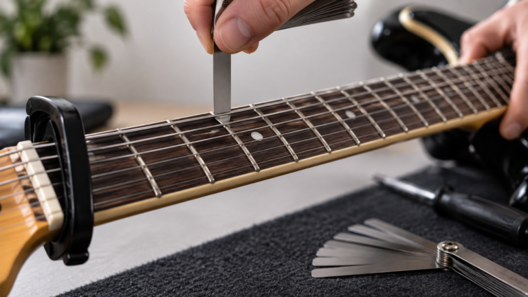 Close-up of a guitar neck relief measurement using a capo and feeler gauge on an electric guitar