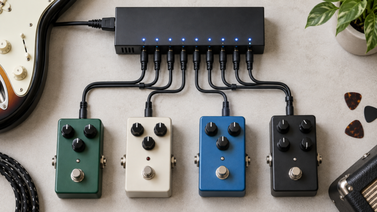 A guitar pedal power supply connected to multiple pedals on a clean pedalboard setup