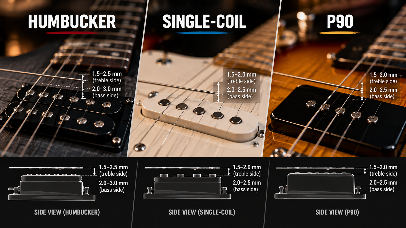 Guitar pickup height comparison showing humbucker, single-coil, and P90 string clearance measurements.